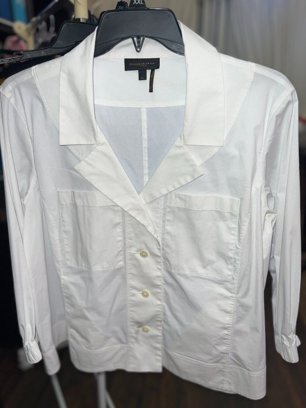 Donna Karan New York White Notch Collar Button Down Blouse XL